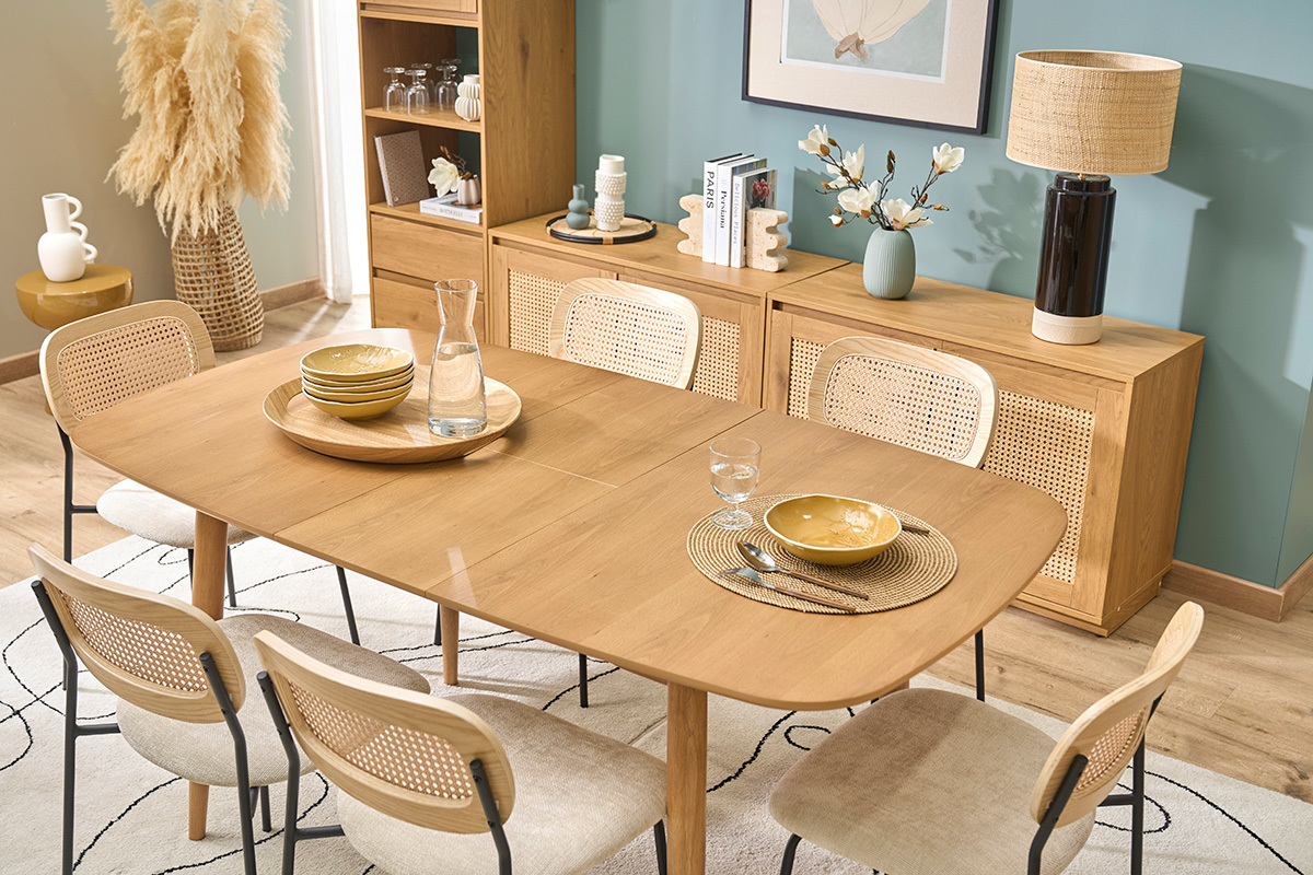 Table extensible rallonges int�gr�es rectangulaire en bois clair ch�ne L130-160 cm HELMA