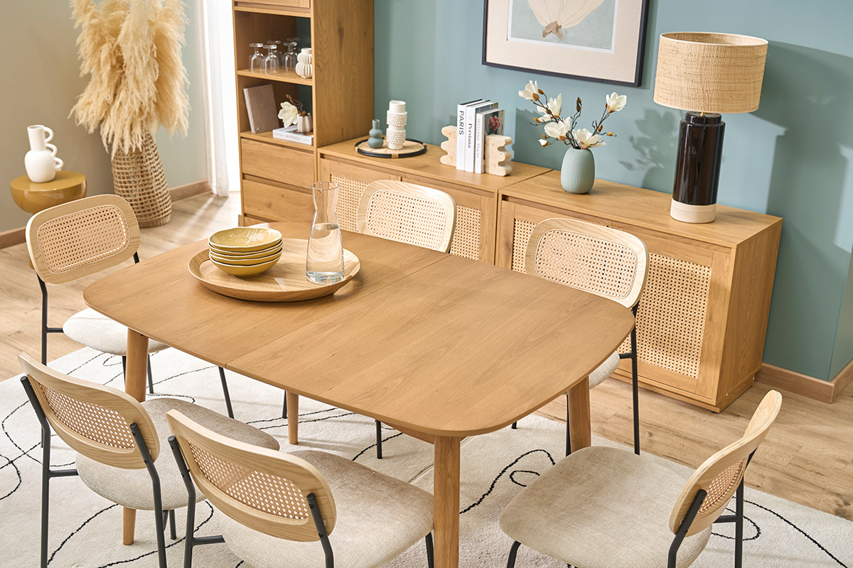 Table extensible rallonges int�gr�es rectangulaire en bois clair ch�ne L130-160 cm HELMA