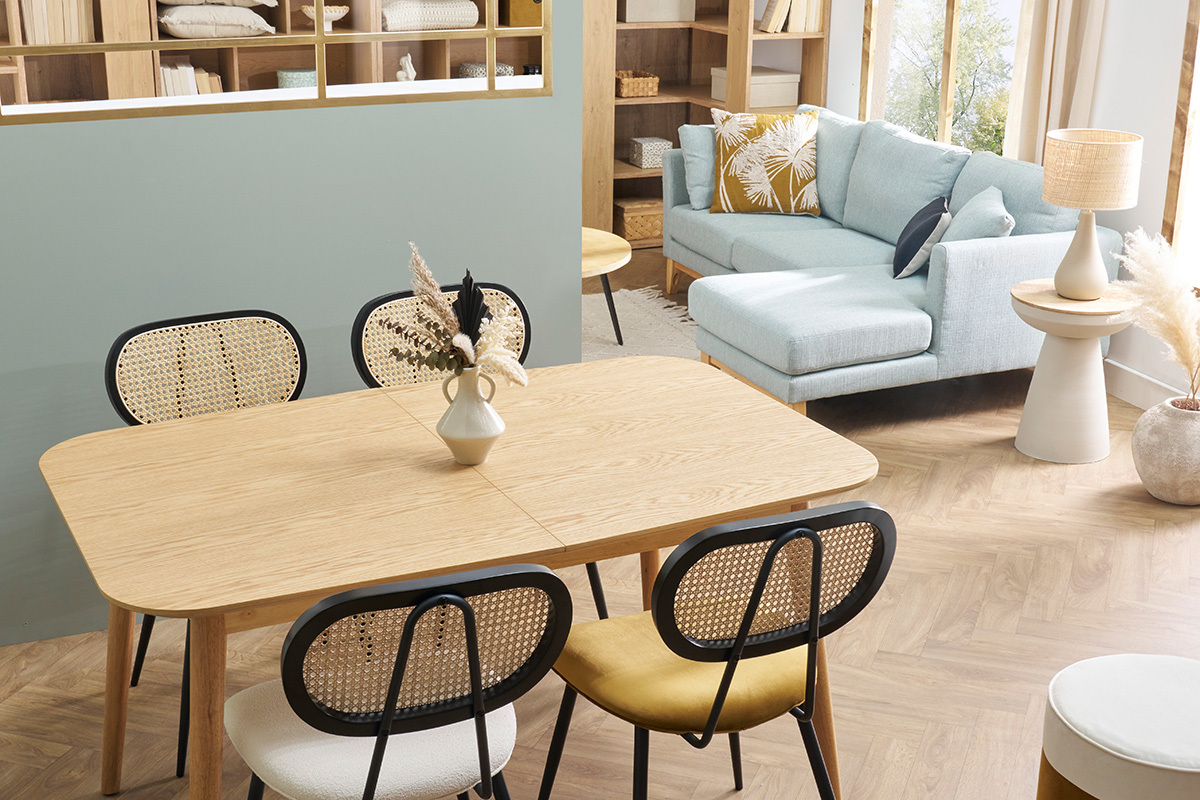 Table extensible rallonges int�gr�es rectangulaire en bois clair ch�ne L140-170 cm ANK
