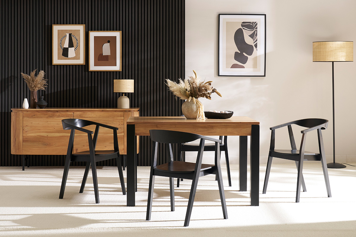 Table extensible rallonges int�gr�es rectangulaire en bois massif et m�tal noir L120-210 cm TRAP