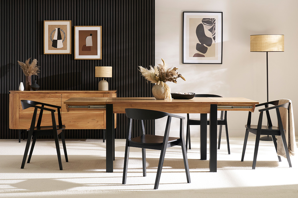 Table extensible rallonges int�gr�es rectangulaire en bois massif et m�tal noir L120-210 cm TRAP