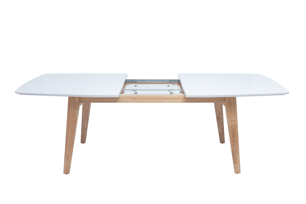Table extensible rallonges int�gr�es rectangulaire finition bois blanc et h�v�a massif L180-230 cm FIFTIES