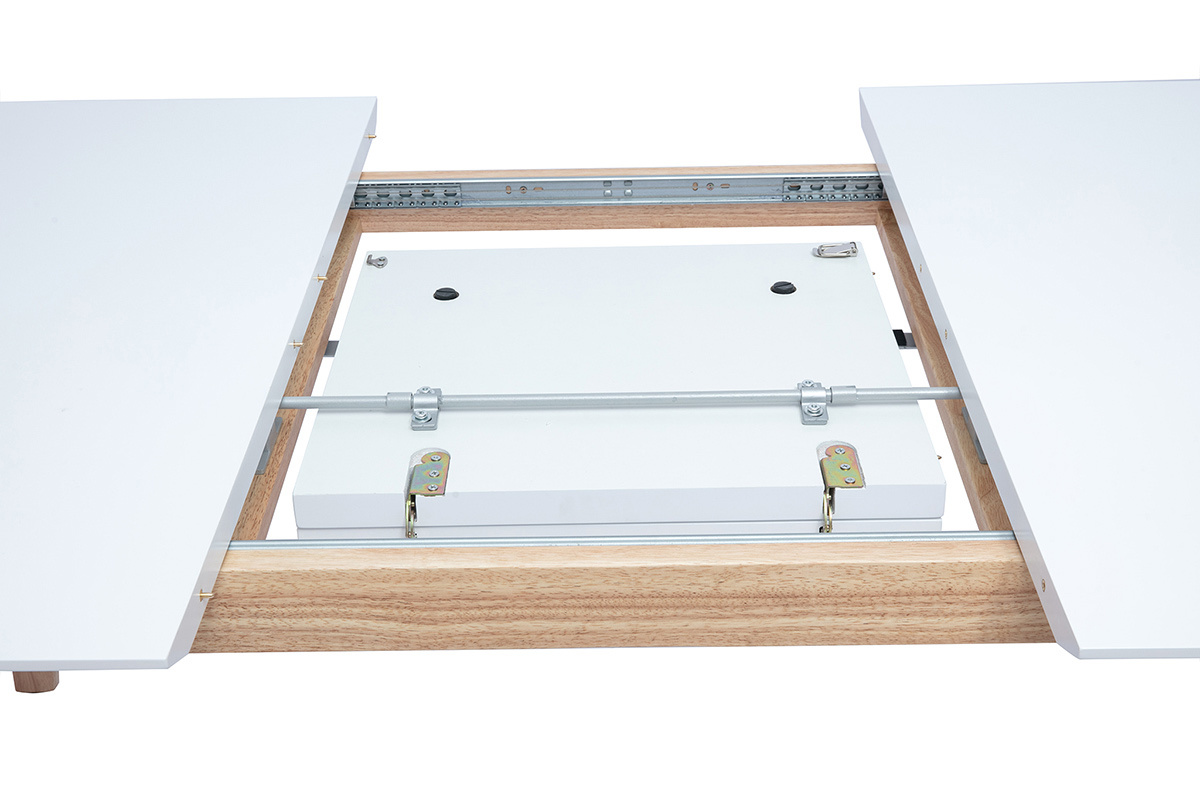 Table extensible rallonges int�gr�es rectangulaire finition bois blanc et h�v�a massif L180-230 cm FIFTIES