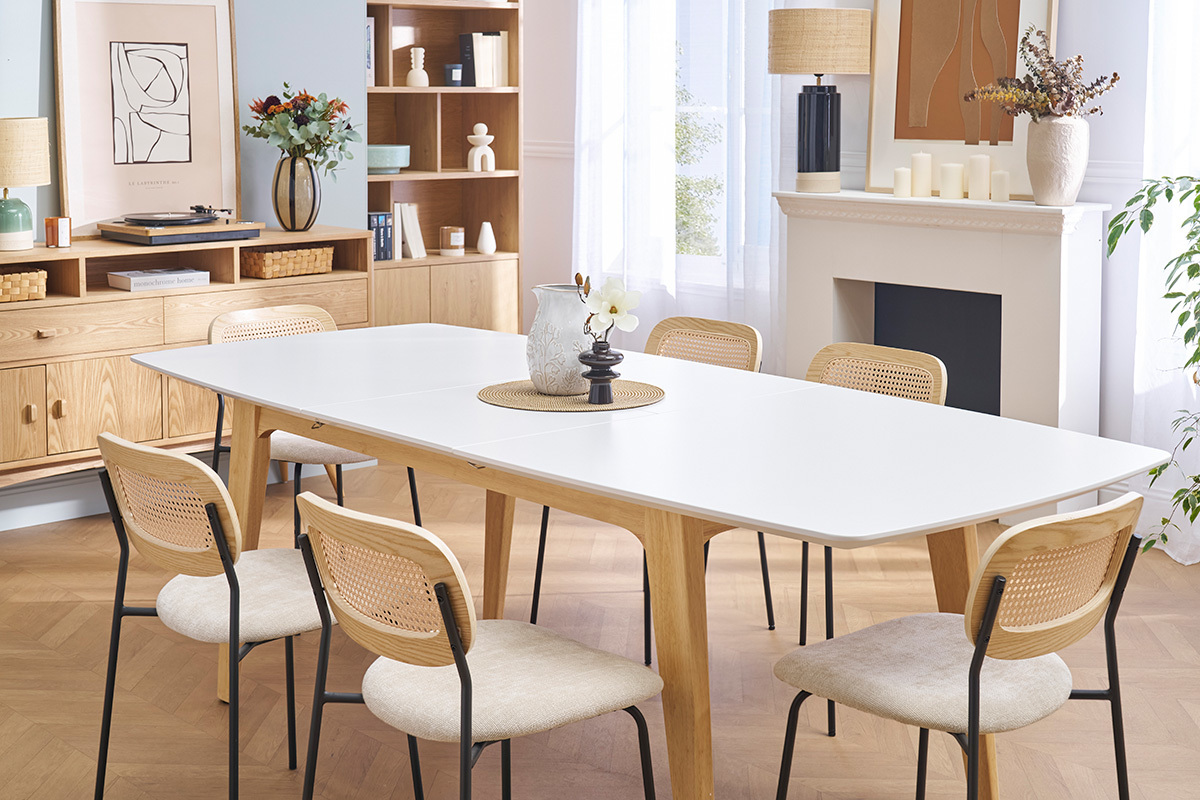 Table extensible rallonges int�gr�es rectangulaire finition bois blanc et h�v�a massif L180-230 cm FIFTIES
