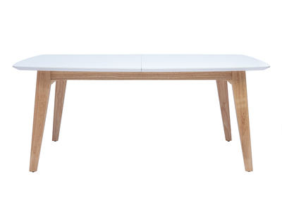 Table extensible rallonges int&eacute;gr&eacute;es rectangulaire finition bois blanc et h&eacute;v&eacute;a massif L180-230 cm FIFTIES