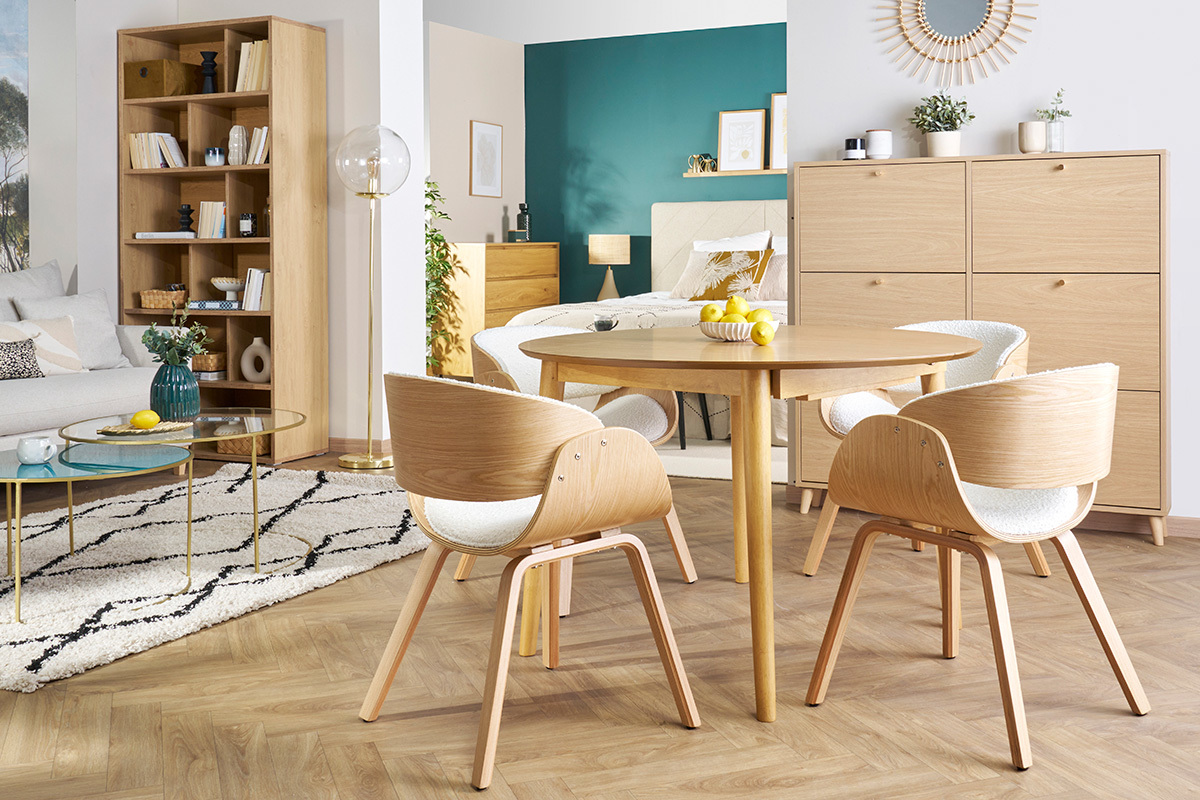 Table extensible rallonges int�gr�es ronde en bois clair ch�ne L115-154 cm EGO