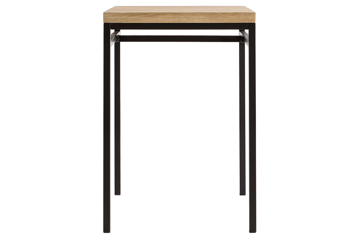 Table haute carr�e en manguier massif et m�tal noir, vue de face.
