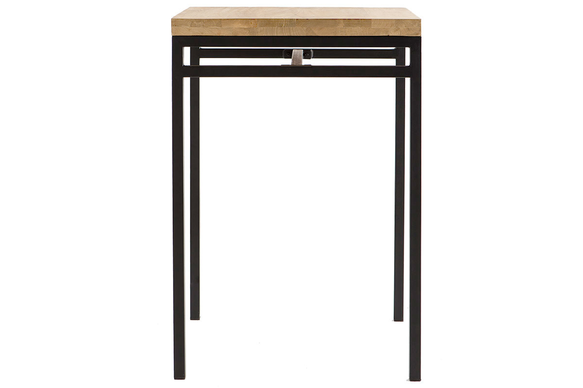 Table haute carr�e en manguier massif et m�tal noir, vue de profil