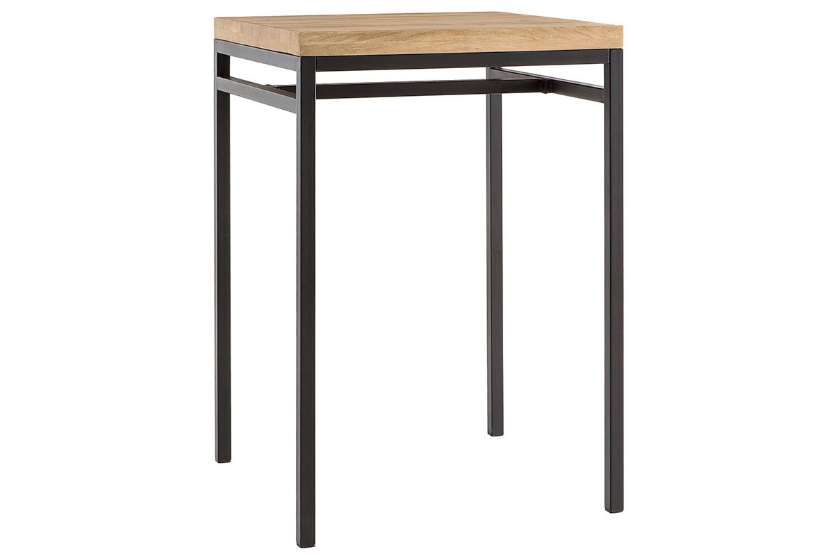 Table haute carr�e en manguier massif et m�tal noir, vue de 3/4.