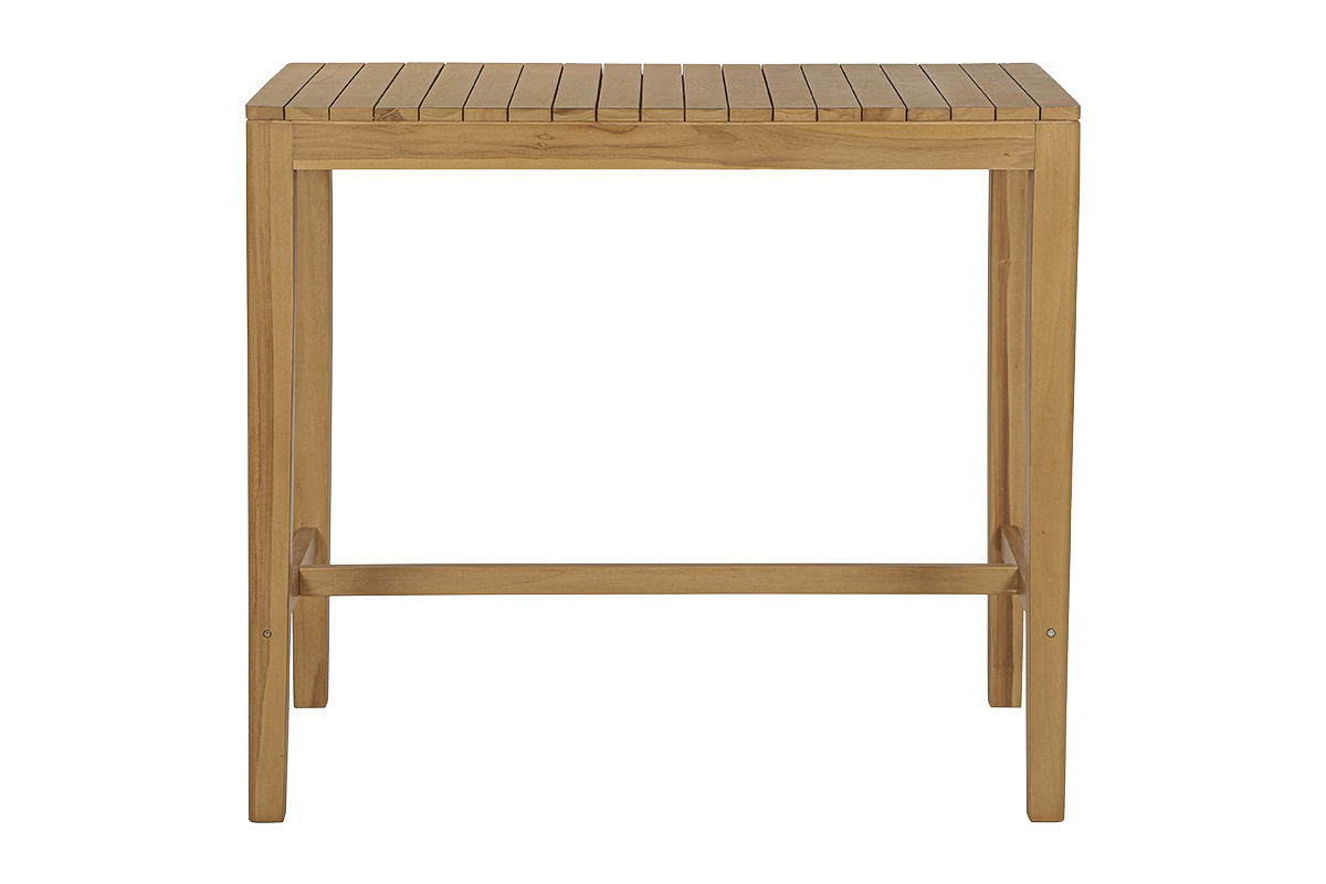Table haute de jardin rectangulaire en bois teck massif vue de face
