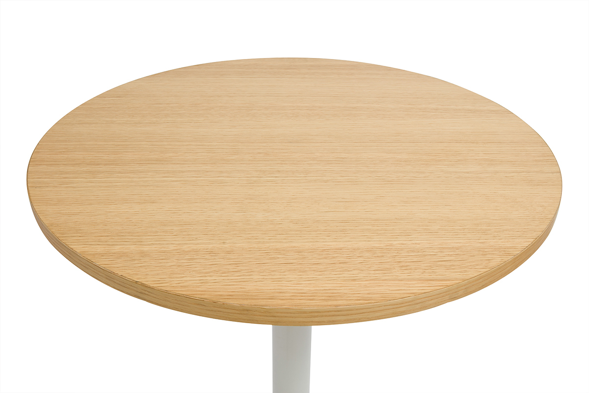Table haute design ronde en bois clair ch�ne et m�tal blanc D60 cm CALISTA