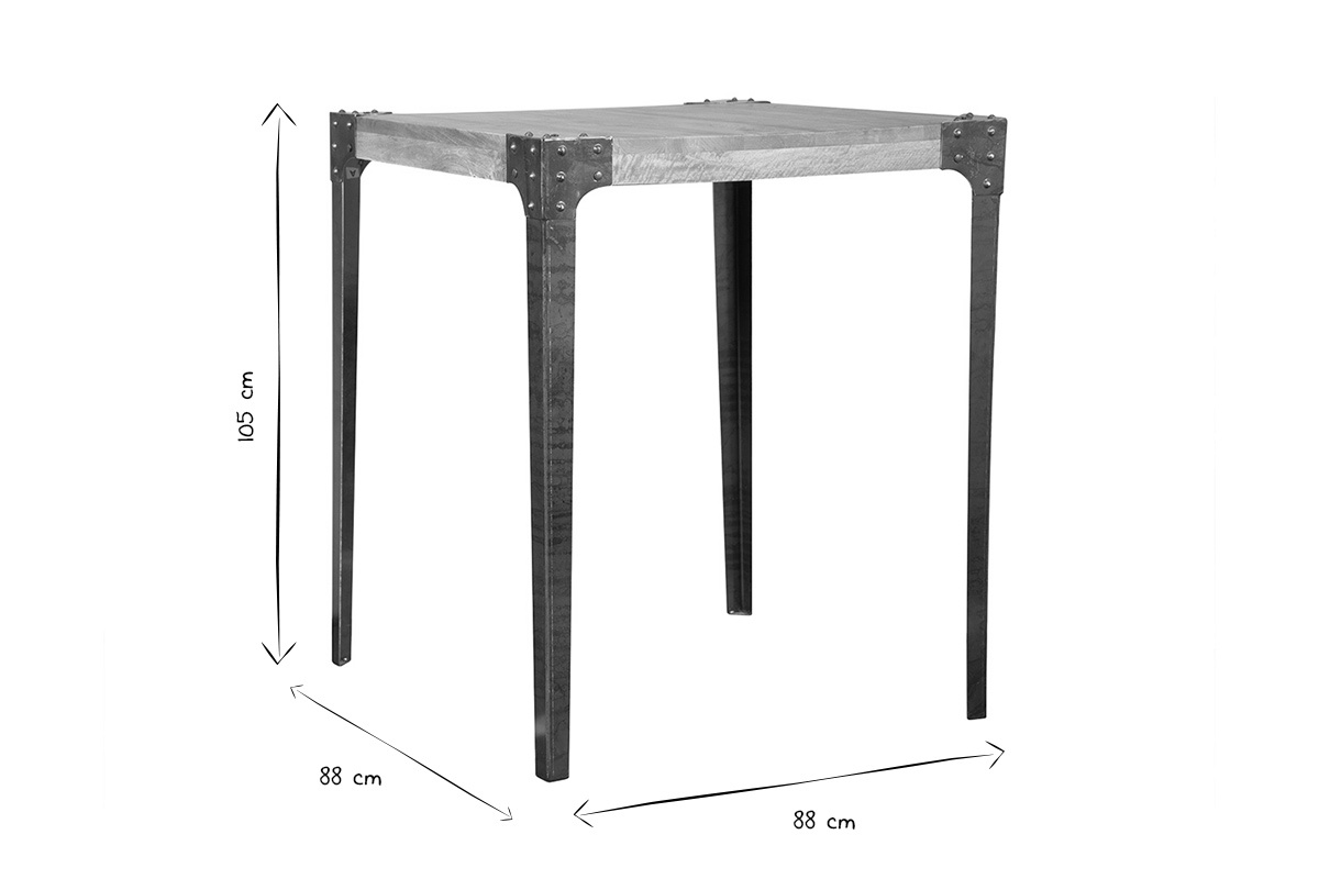 Table haute industrielle carr�e en bois manguier massif et m�tal  L88 cm MADISON