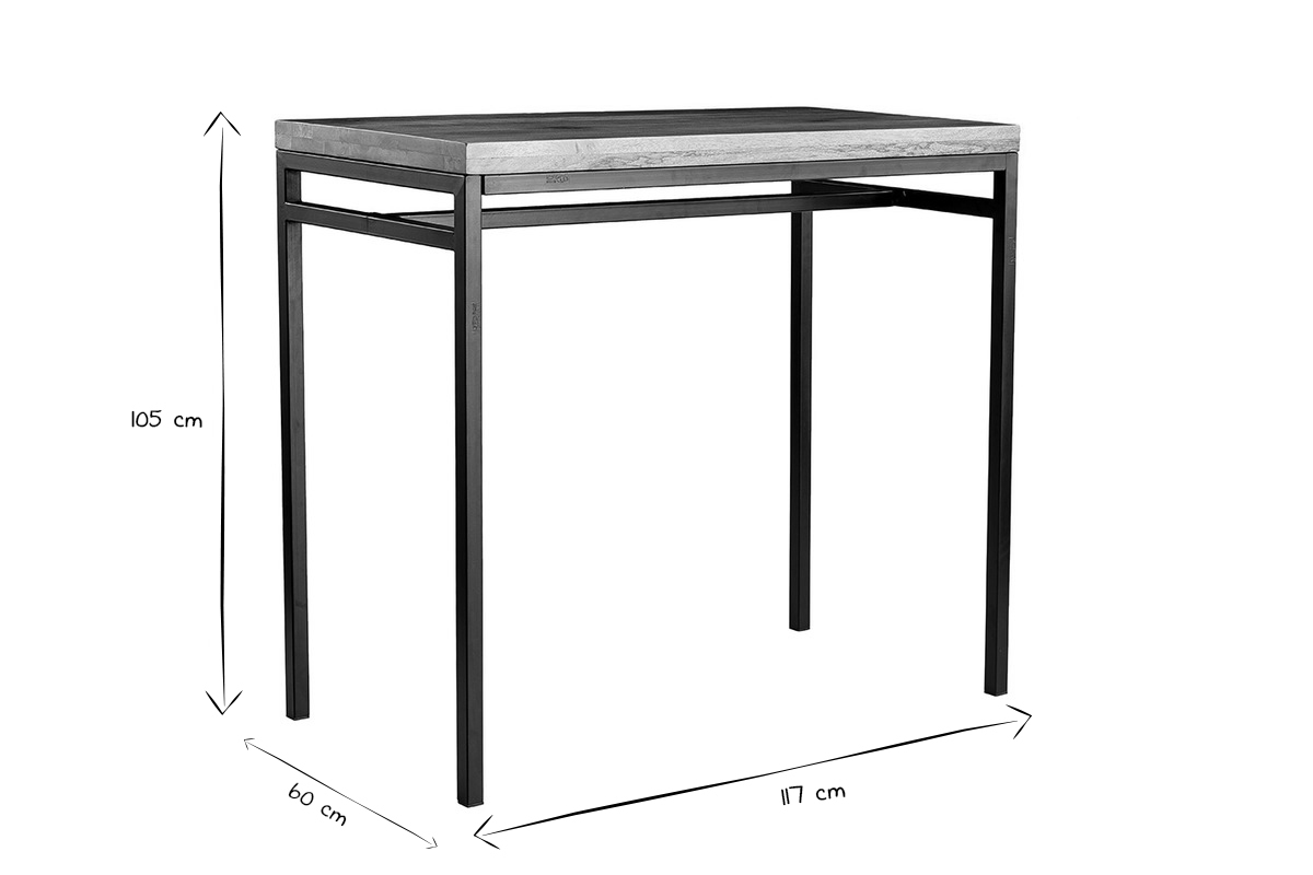 Table haute industrielle en bois manguier et m�tal noir, dimensions 105x60x117 cm, vue en noir et blanc.
