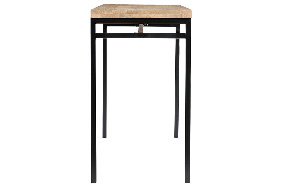 Table haute industrielle en bois manguier massif et m�tal noir, vue de profil.