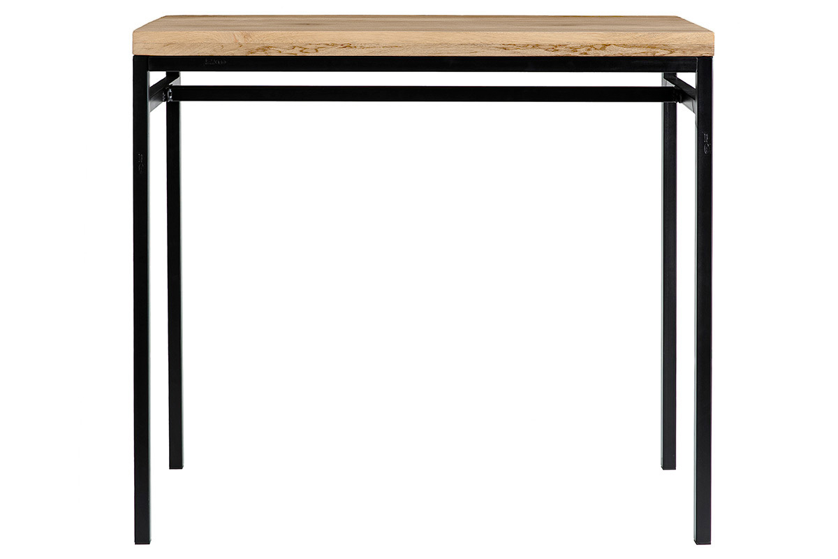 Table haute industrielle en bois manguier et m�tal noir, vue de face