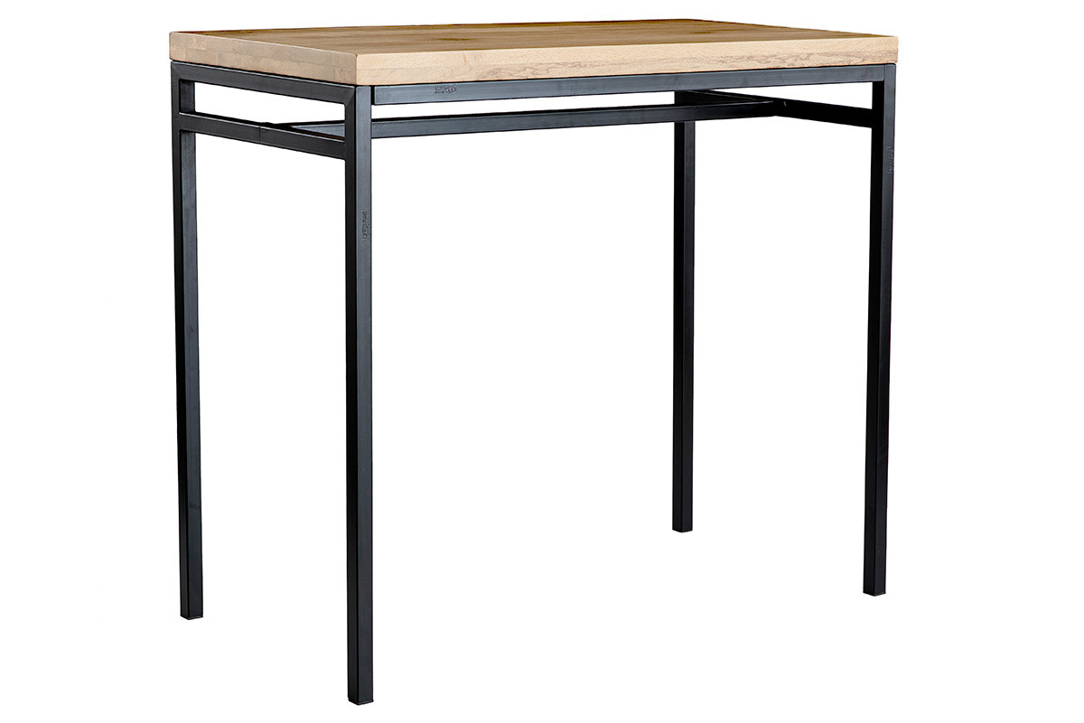 Table haute industrielle en bois manguier massif et m�tal noir, vue de 3/4.