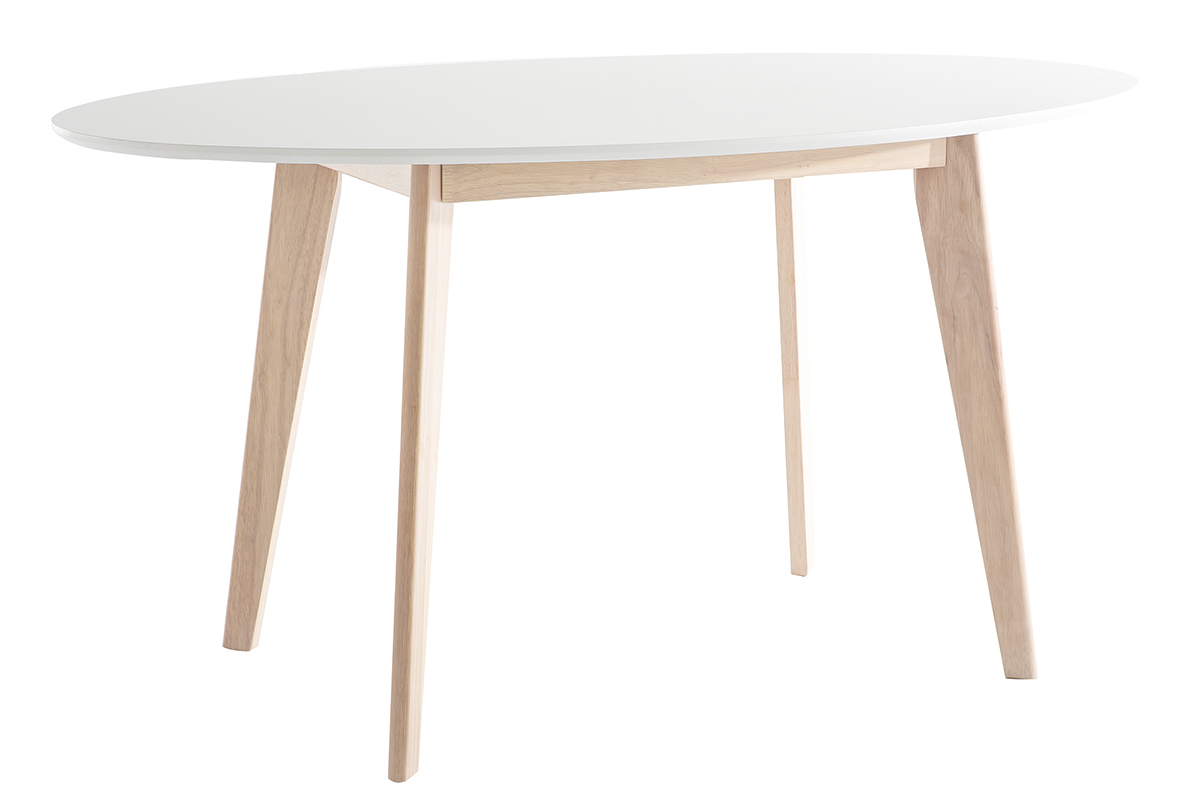 Table scandinave ovale blanche et bois clair, vue de c�t�, dimensions 150x90 cm