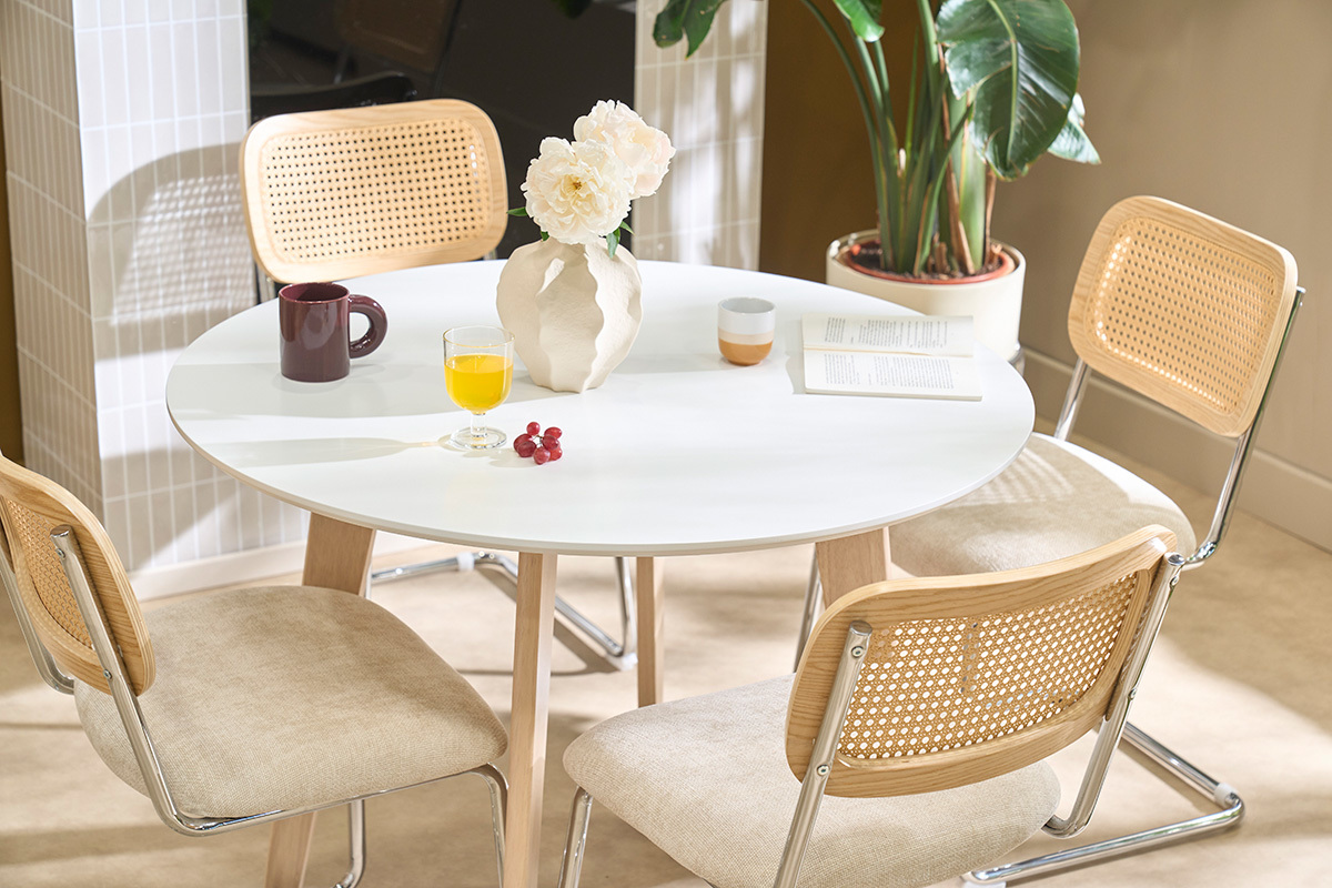 Table scandinave ronde blanc et bois D100 cm LEENA