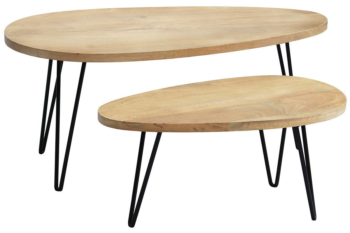 Tables basses gigognes bois clair manguier massif et m�tal noir (lot de 2) VIBES