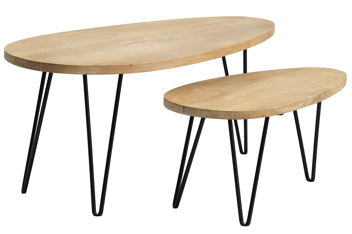Tables basses gigognes bois clair manguier massif et m�tal noir (lot de 2) VIBES