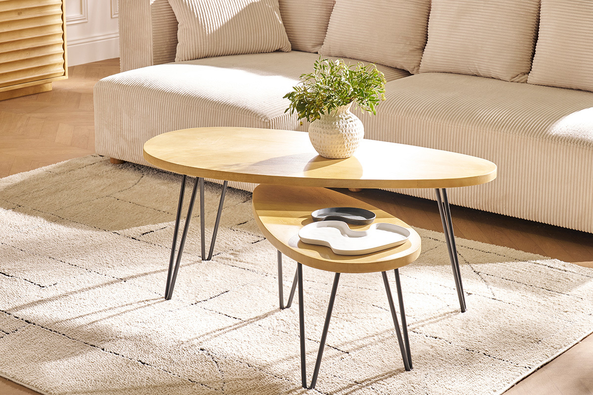 Tables basses gigognes bois clair manguier massif et m�tal noir (lot de 2) VIBES