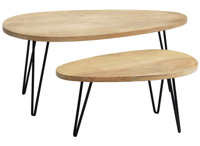 Tables basses gigognes bois clair manguier massif et m&eacute;tal noir (lot de 2) VIBES