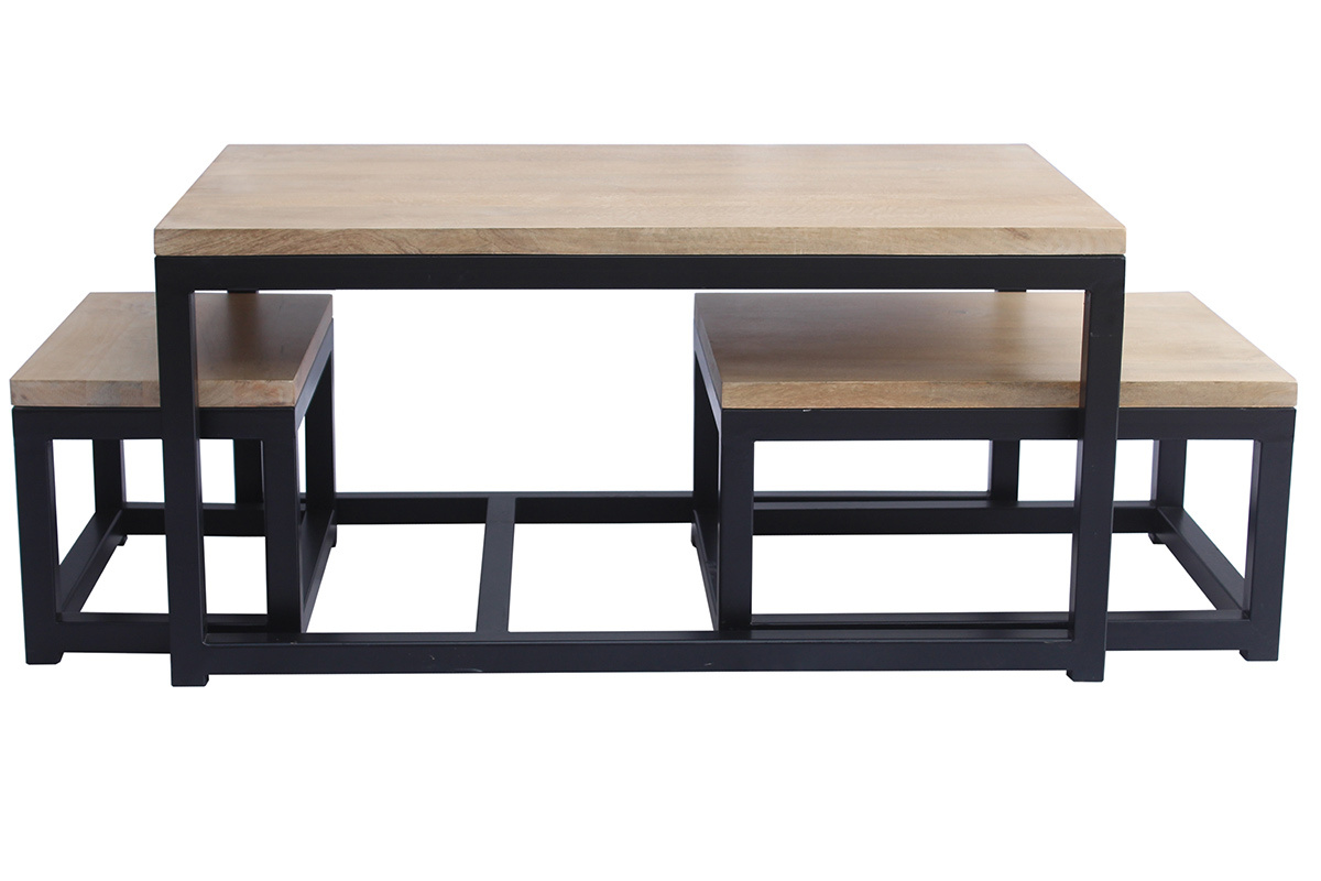 Tables basses gigognes bois manguier massif et m�tal noir (lot de 3) FACTORY