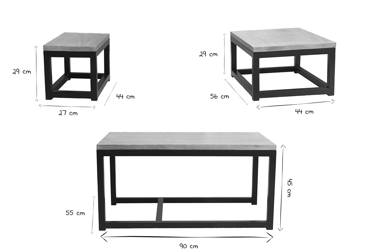 Tables basses gigognes bois manguier massif et m�tal noir (lot de 3) FACTORY