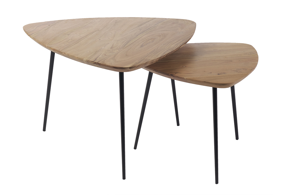 Tables basses gigognes bois massif et m�tal noir (lot de 2) STONES