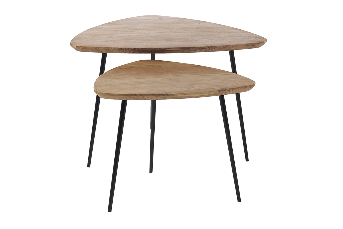 Tables basses gigognes bois massif et m�tal noir (lot de 2) STONES