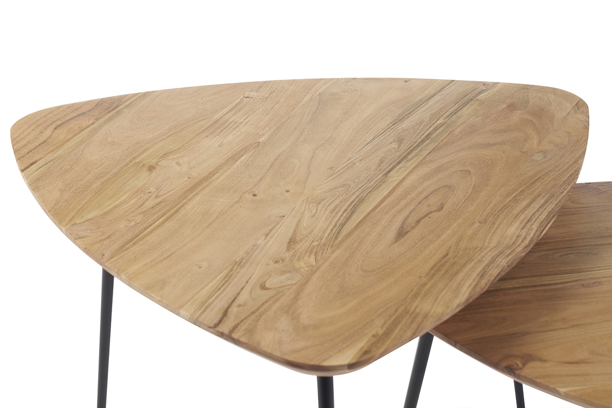 Tables basses gigognes bois massif et m�tal noir (lot de 2) STONES