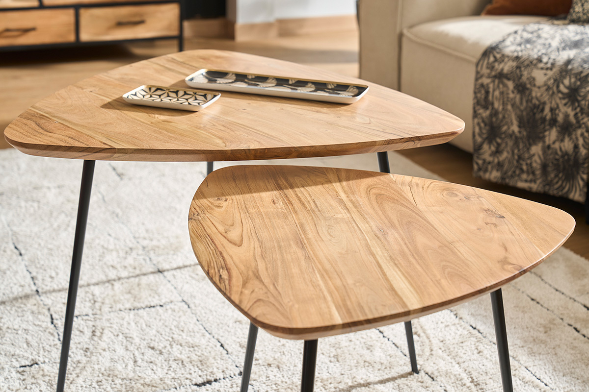 Tables basses gigognes bois massif et m�tal noir (lot de 2) STONES