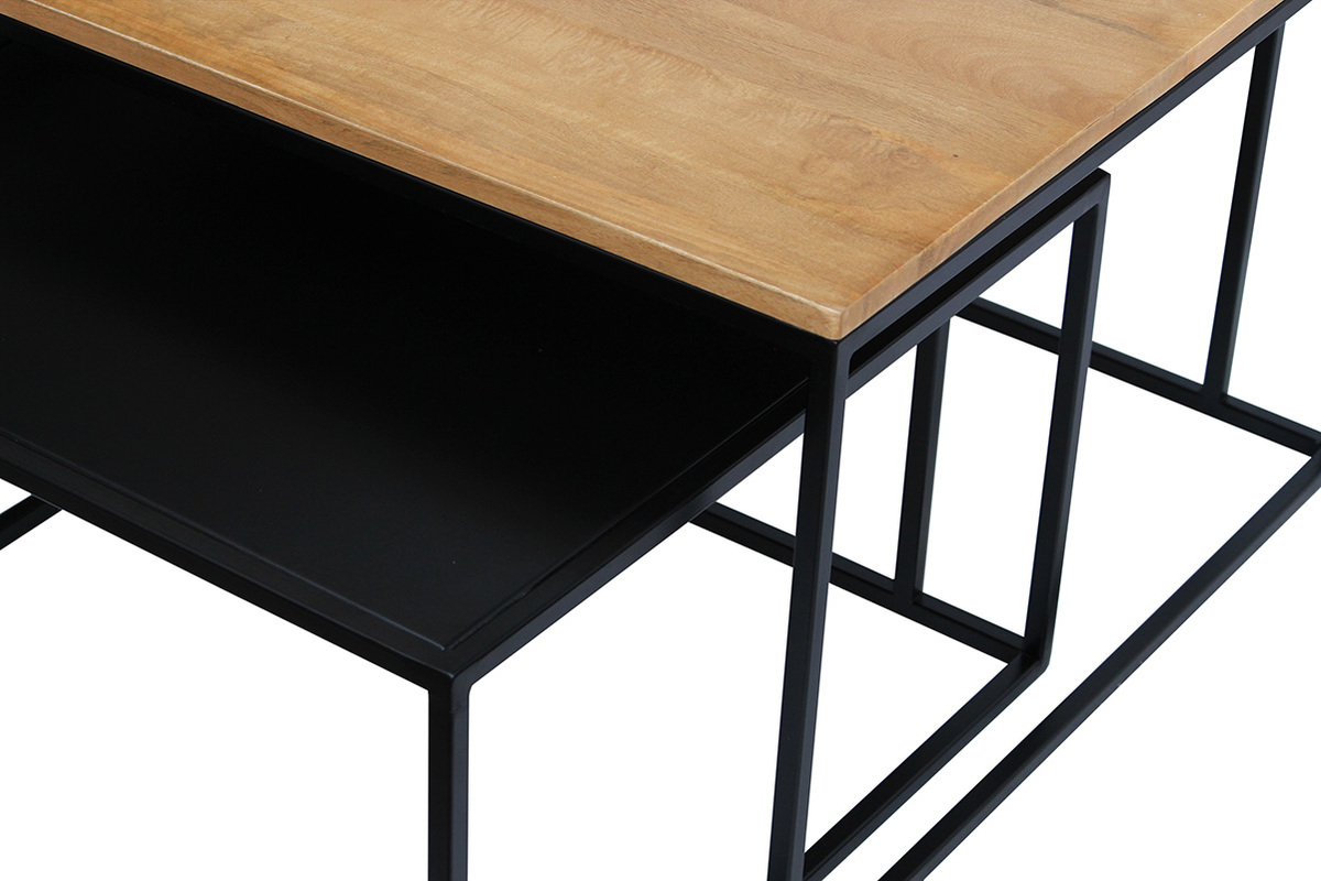 Tables basses gigognes carr�es bois manguier massif et m�tal noir (lot de 2) TAHL