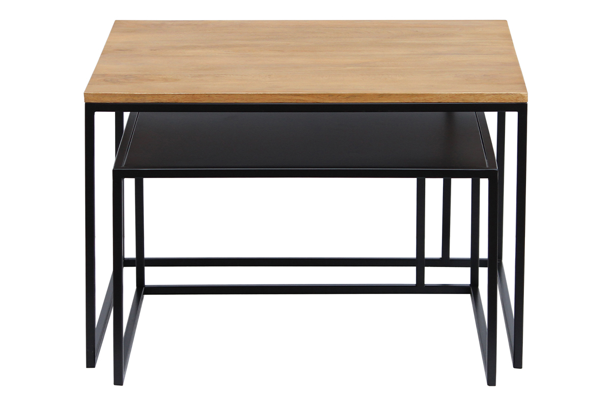 Tables basses gigognes carr�es bois manguier massif et m�tal noir (lot de 2) TAHL