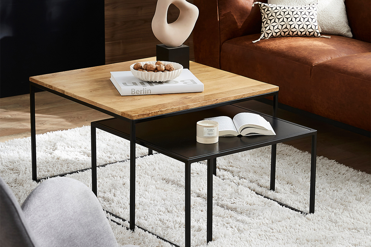 Tables basses gigognes carr�es bois manguier massif et m�tal noir (lot de 2) TAHL