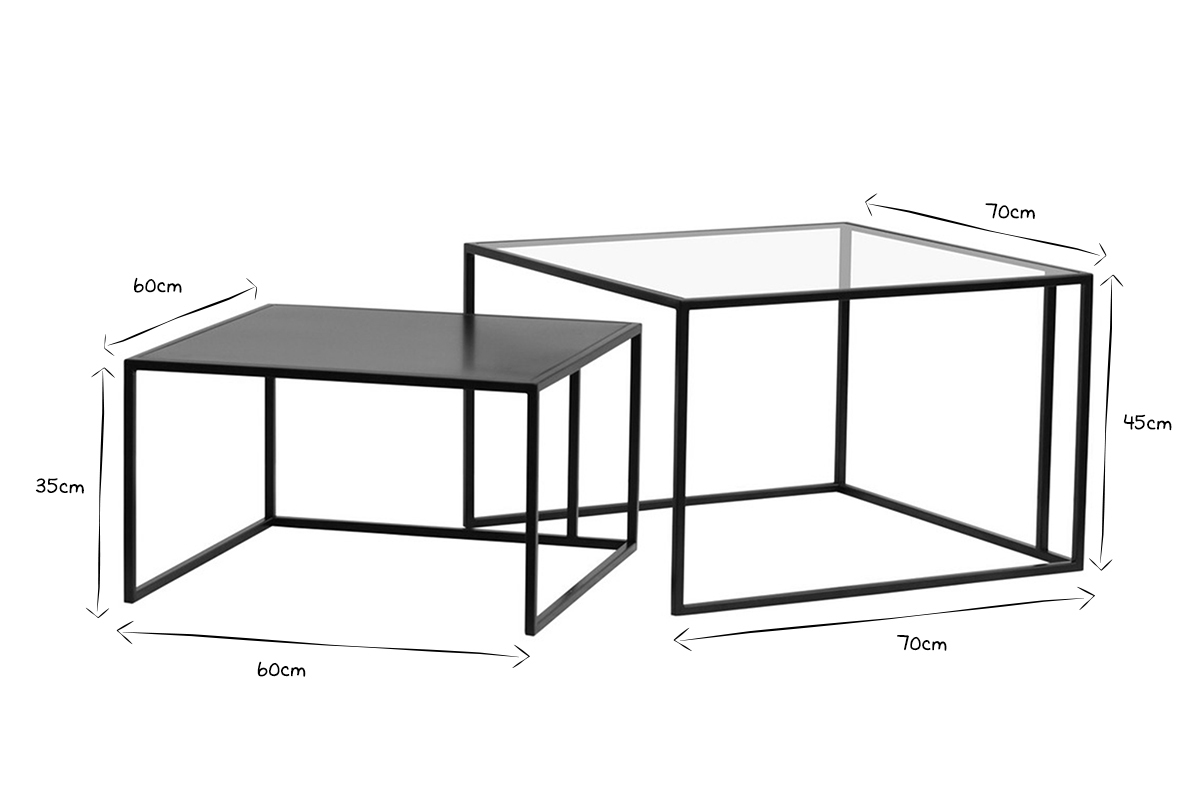 Tables basses gigognes carr�es design verre tremp� et m�tal noir (lot de 2) TAHL