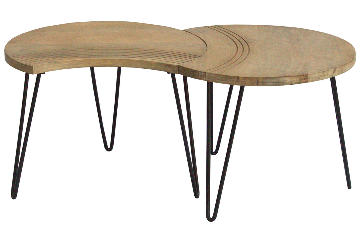 Tables basses gigognes grav�es bois manguier massif et m�tal noir (lot de 3) VIBES