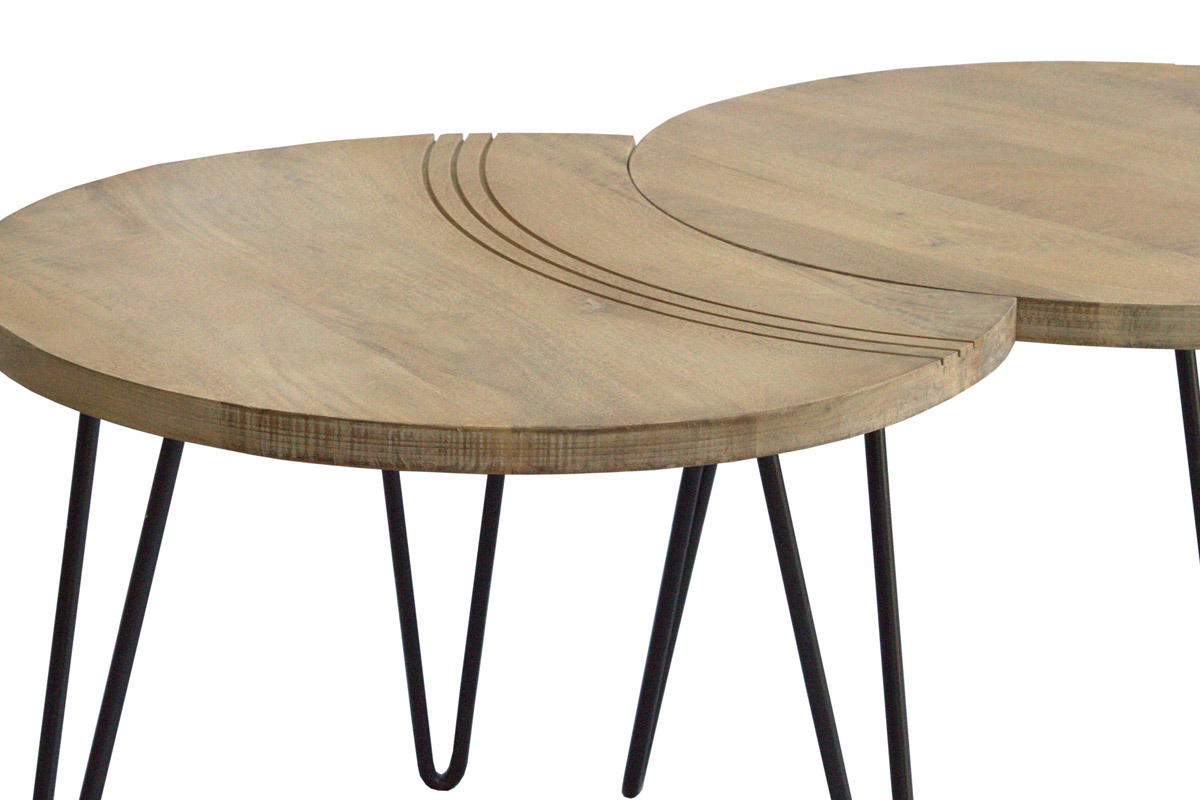 Tables basses gigognes grav�es bois manguier massif et m�tal noir (lot de 3) VIBES