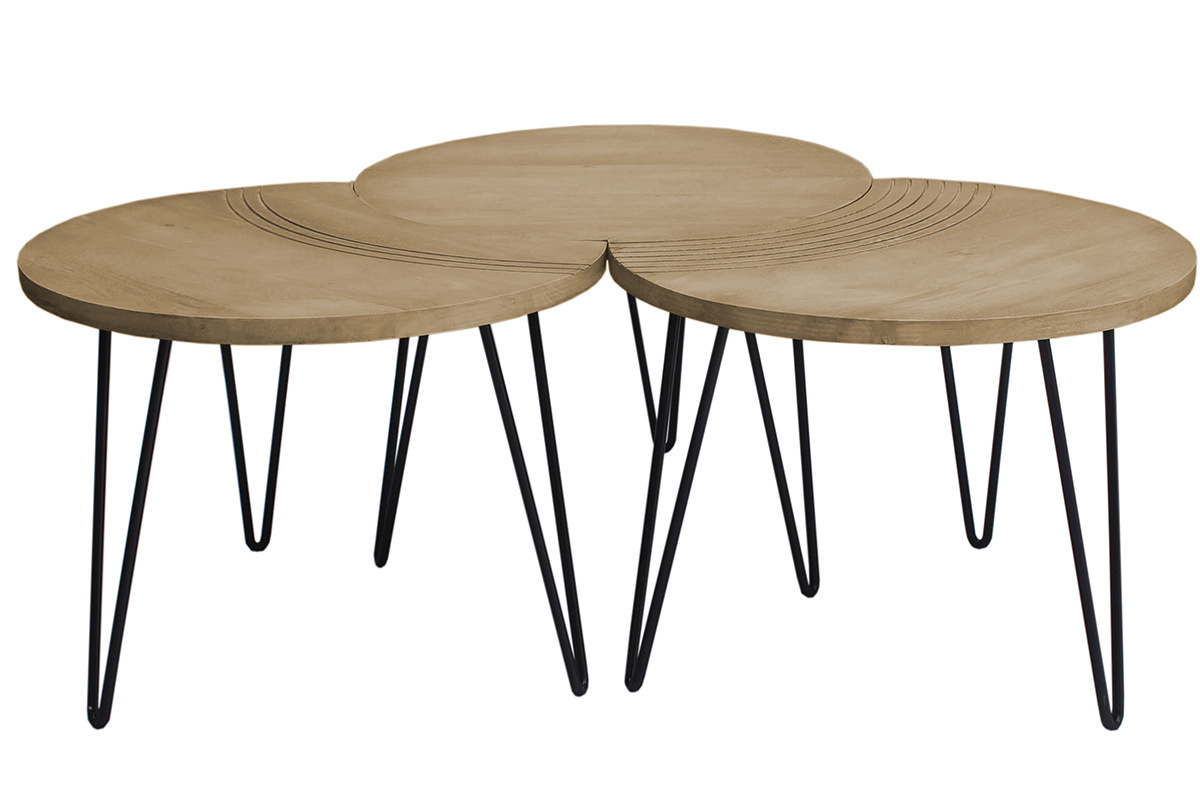 Tables basses gigognes grav�es bois manguier massif et m�tal noir (lot de 3) VIBES