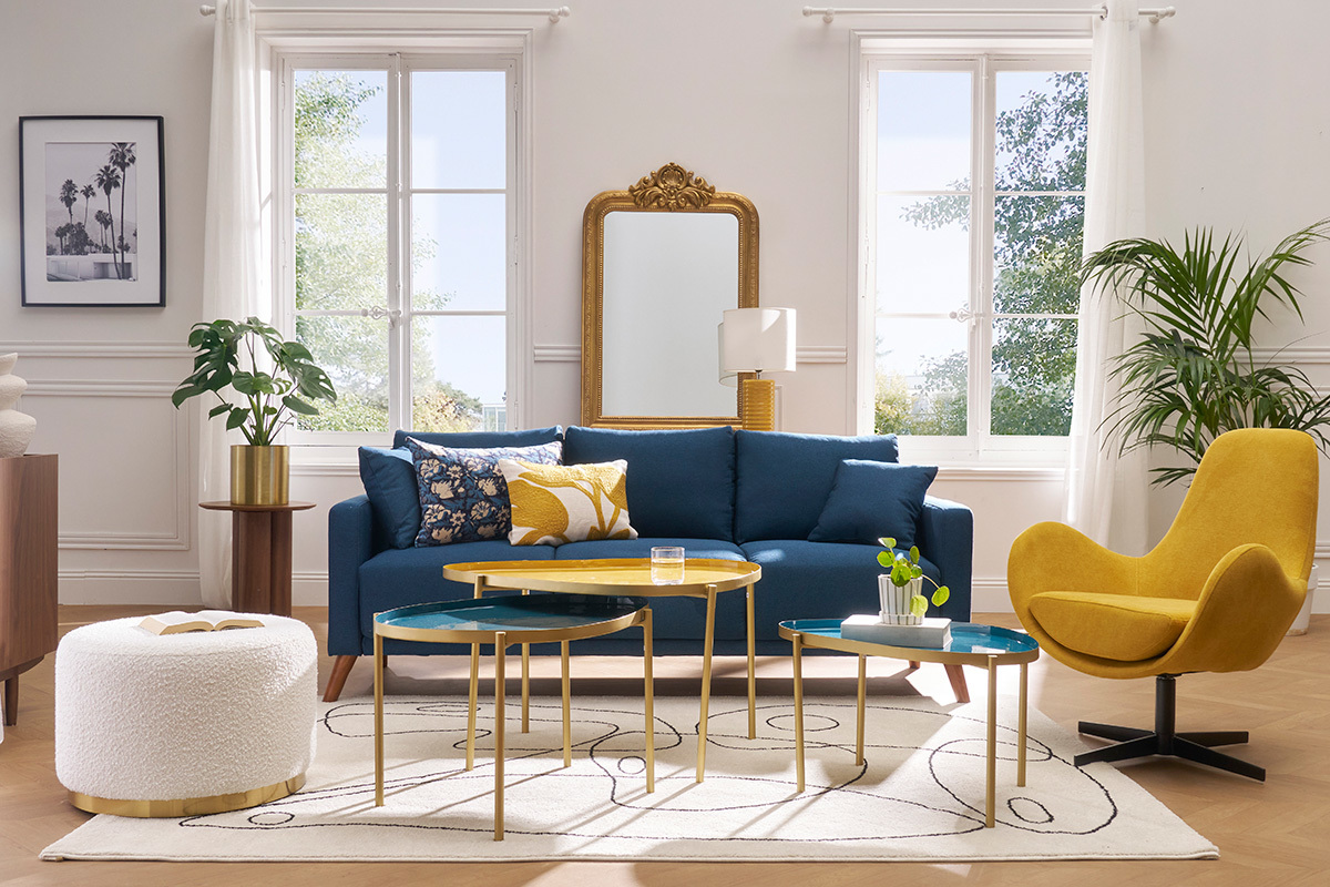 Tables basses gigognes laqu�es moutarde, bleu canard et bleu (lot de 3) ZURIA
