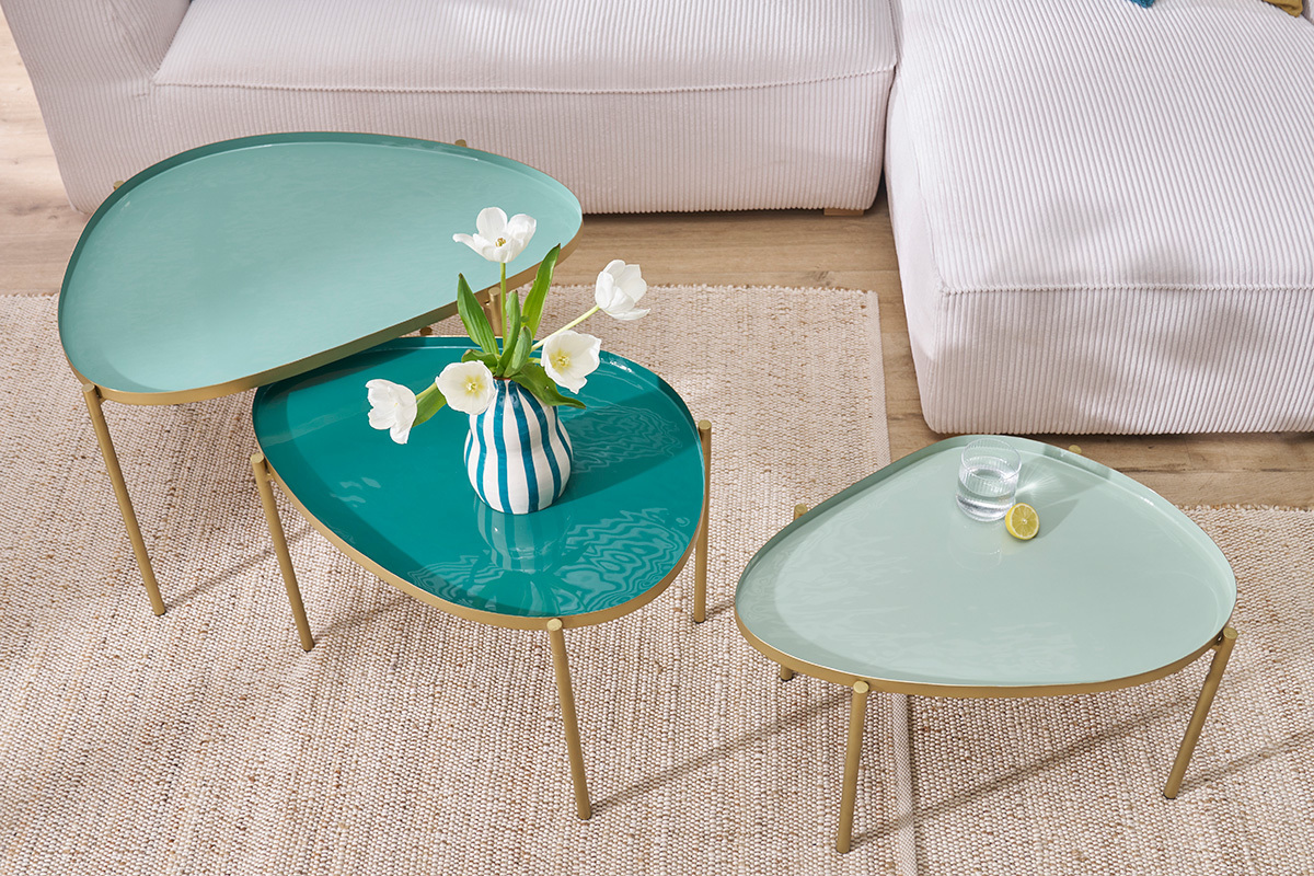 Tables basses gigognes laqu�es vert-cyan et vert (lot de 3) ZURIA