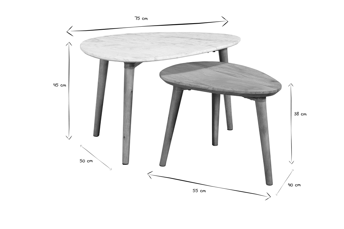 Dimensions des tables basses gigognes EVY en marbre blanc et bois manguier, en noir et blanc.