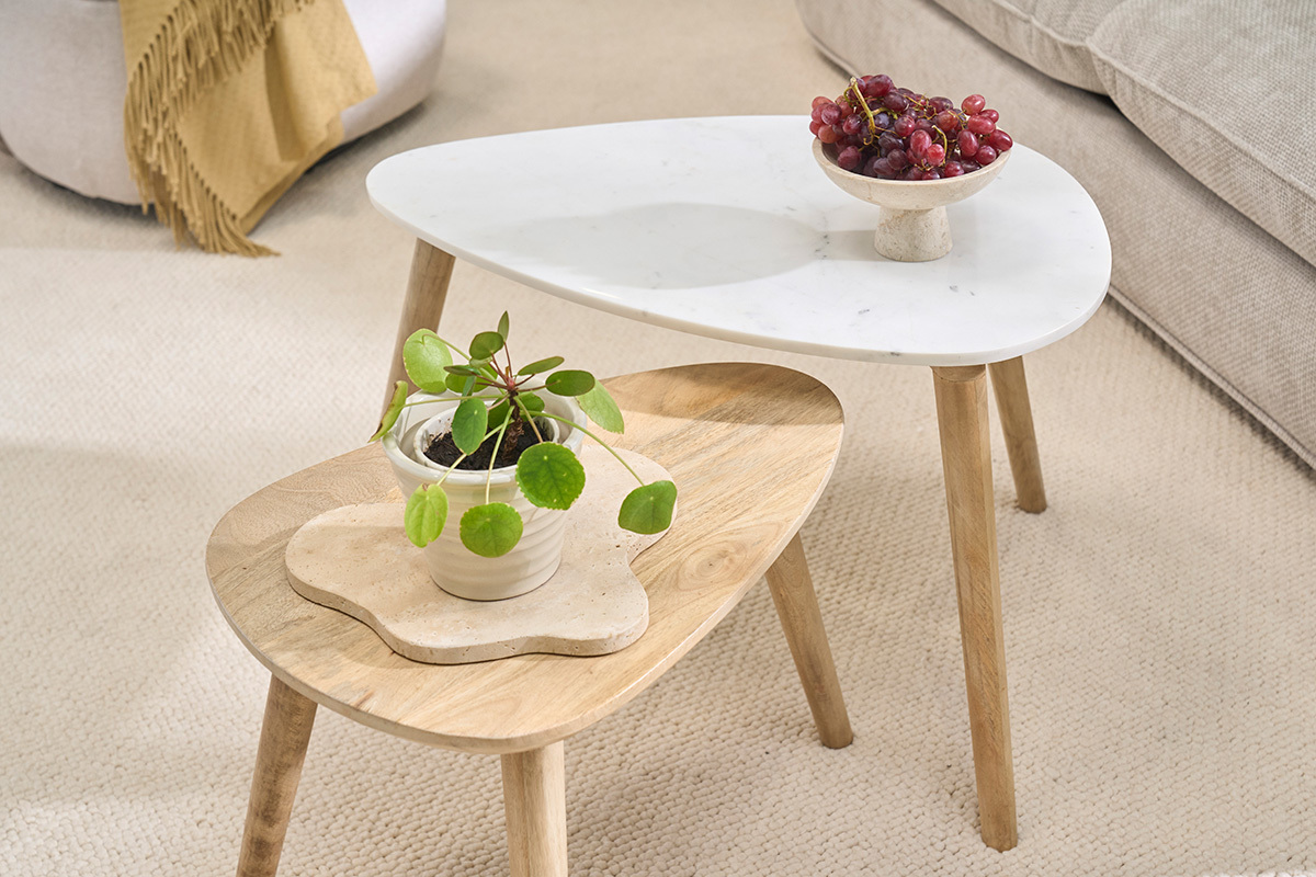 Tables basses gigognes marbre blanc et bois manguier massif (lot de 2) EVY
