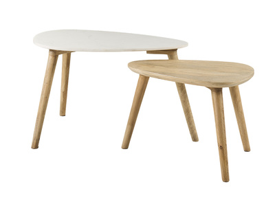 Tables basses gigognes marbre blanc et bois manguier massif (lot de 2) EVY