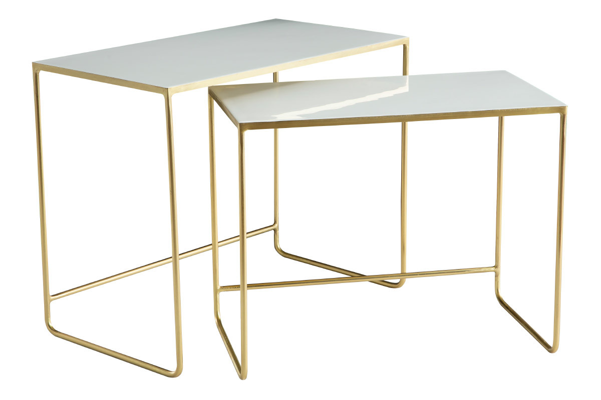 Tables basses gigognes rectangulaires design blanc et m�tal dor� (lot de 2) WESS