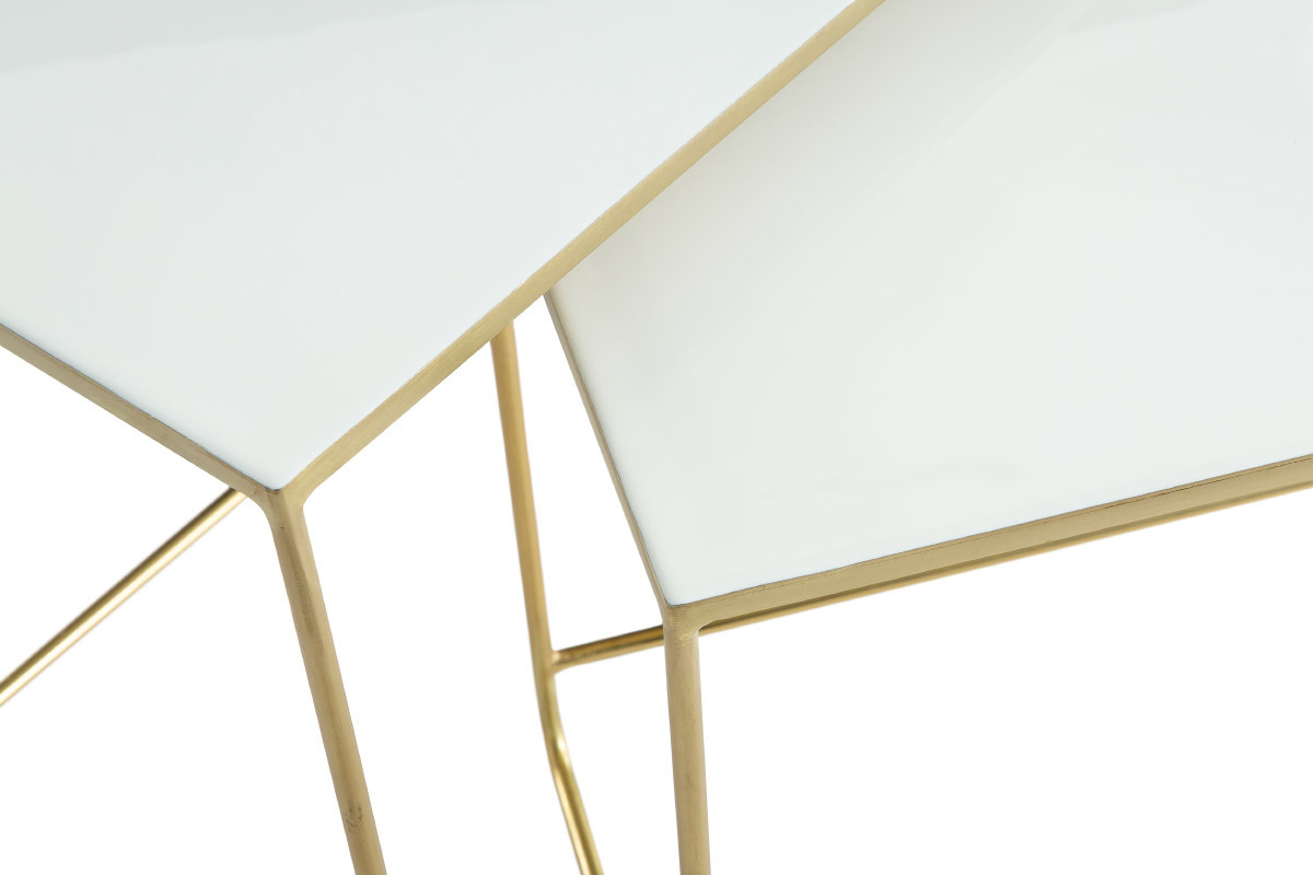 Tables basses gigognes rectangulaires design blanc et m�tal dor� (lot de 2) WESS