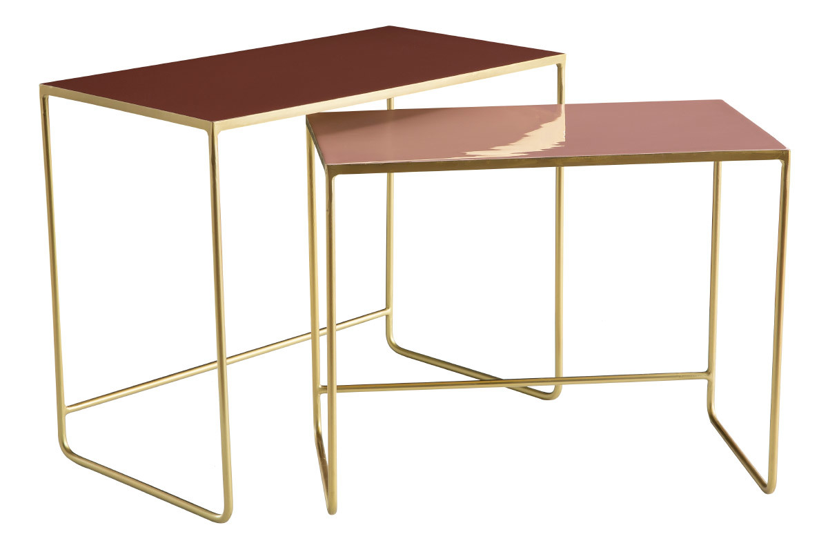 Tables basses gigognes rectangulaires design terracotta, rose et m�tal dor� (lot de 2) WESS