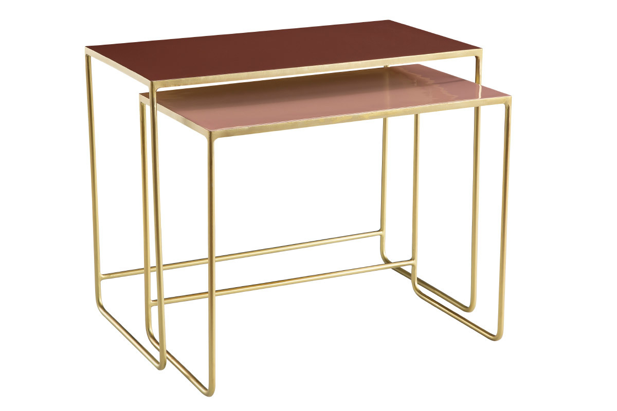 Tables basses gigognes rectangulaires design terracotta, rose et m�tal dor� (lot de 2) WESS