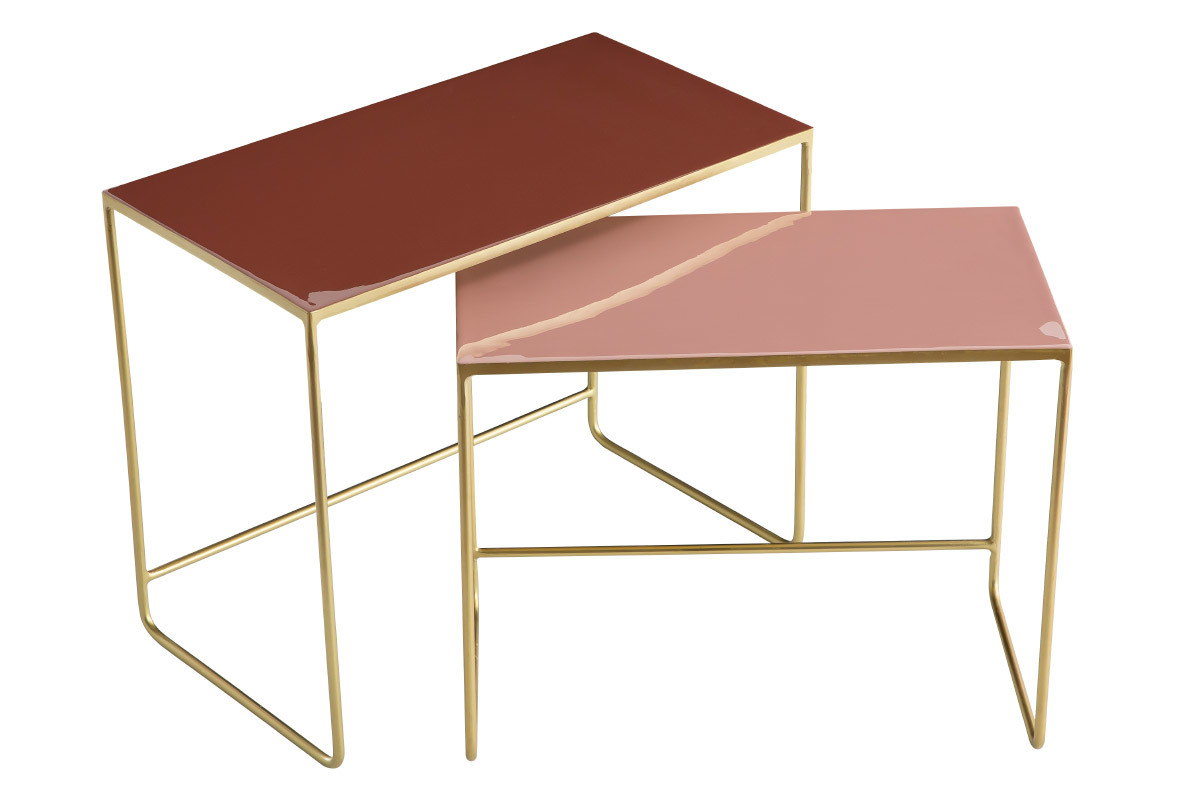 Tables basses gigognes rectangulaires design terracotta, rose et m�tal dor� (lot de 2) WESS