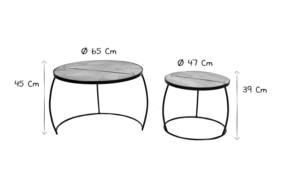 Dimensions des tables basses gigognes rondes en bois de manguier et m�tal en noir et blanc.